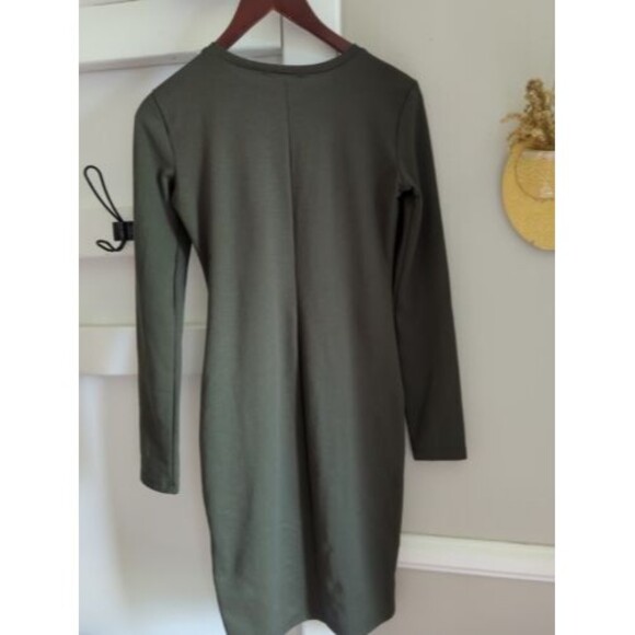 ZARA WOMAN'S Small Long Sleeve Olive GREEN T-SHIRT Dress FITTED MID LENGTH - Picture 4 of 4